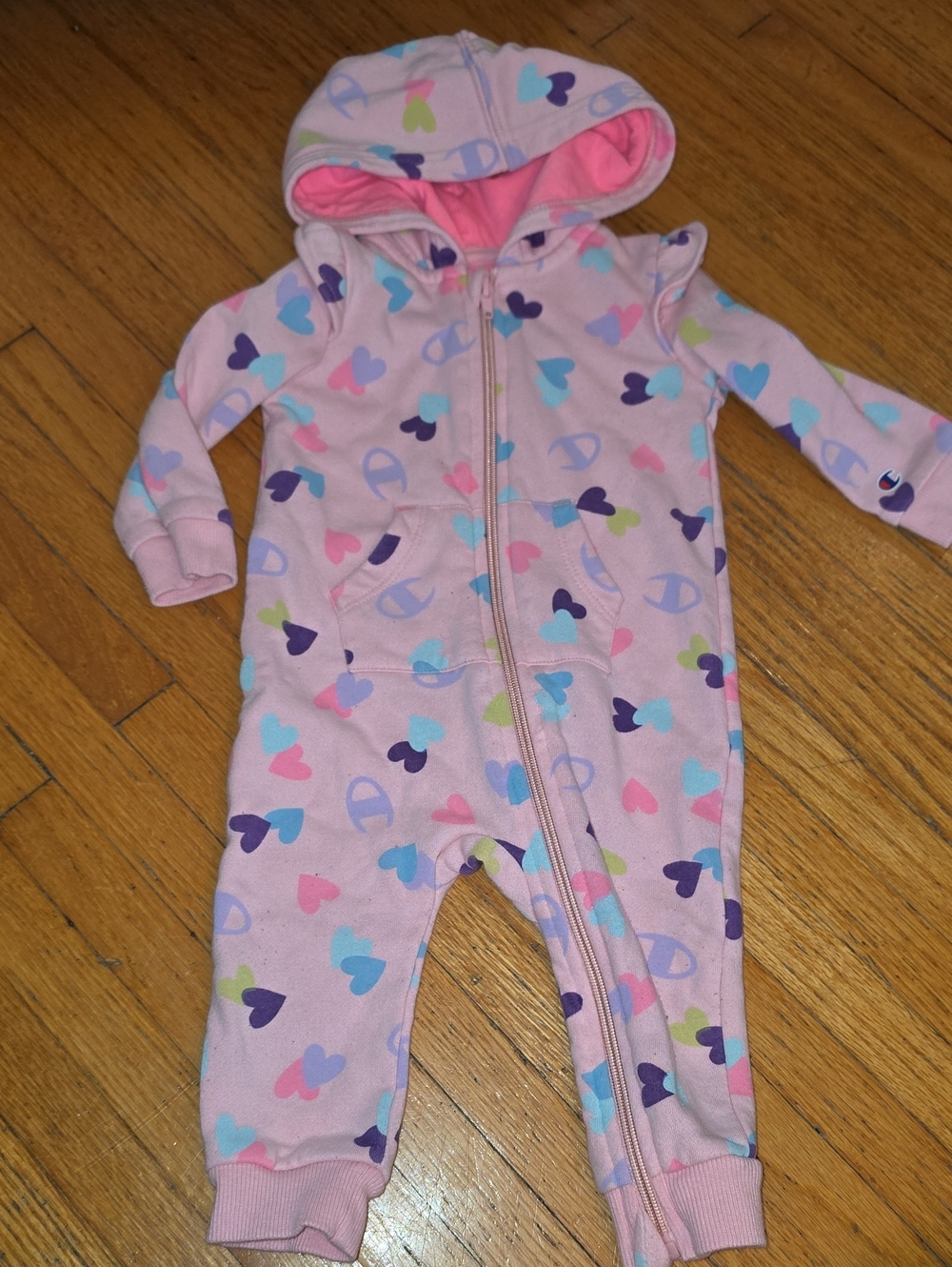 Champion Heart Print Full-Zip Hooded Romper Baby 9M Pink & Purple